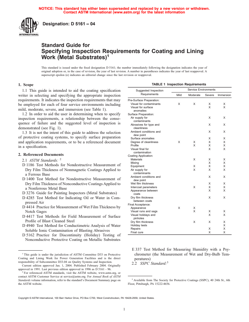 ASTM D5161-04 - Standard Guide for Specifying Inspection Requirements for Coating and Lining Work (Metal Substrates)