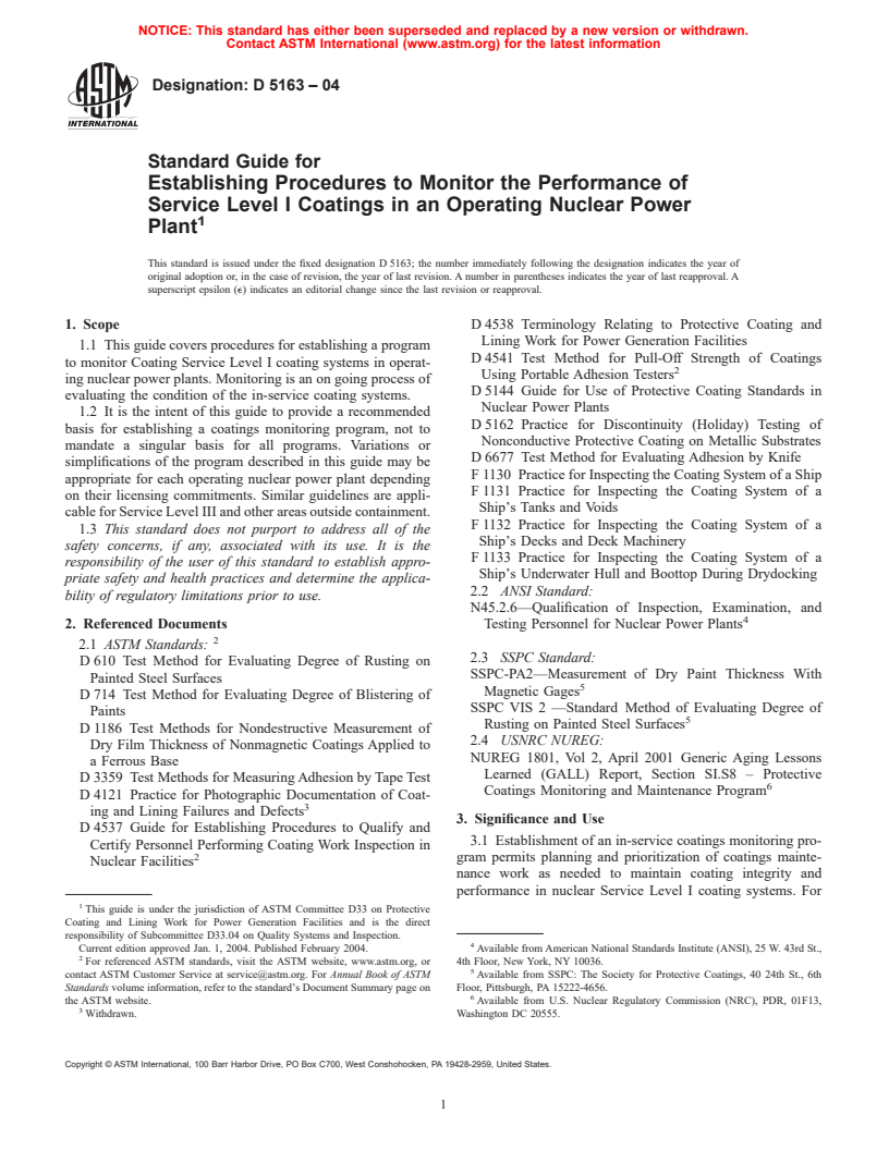 ASTM D5163-04 - Standard Guide for Establishing Procedures to Monitor the Performance of Service Level I Coatings in an Operating Nuclear Power Plant