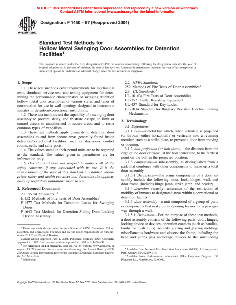 ASTM F1450-97(2004) - Standard Test Methods for Hollow Metal Swinging Door Assemblies for Detention Facilities