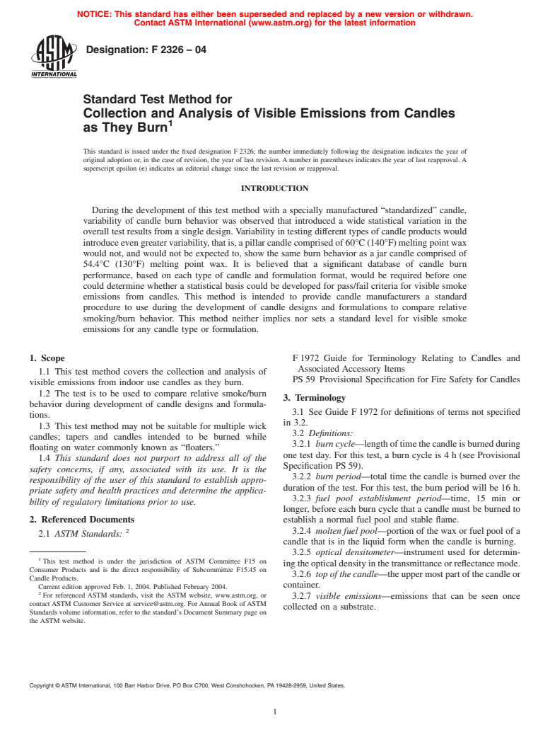 ASTM F2326-04 - Standard Test Method for Collection and Analysis of Visible Emissions from Candles as They Burn