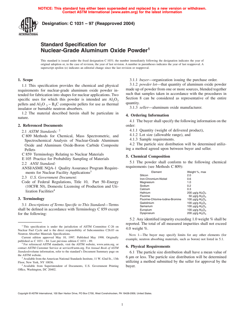 ASTM C1031-97(2004) - Standard Specification for Nuclear-Grade Aluminum Oxide Powder