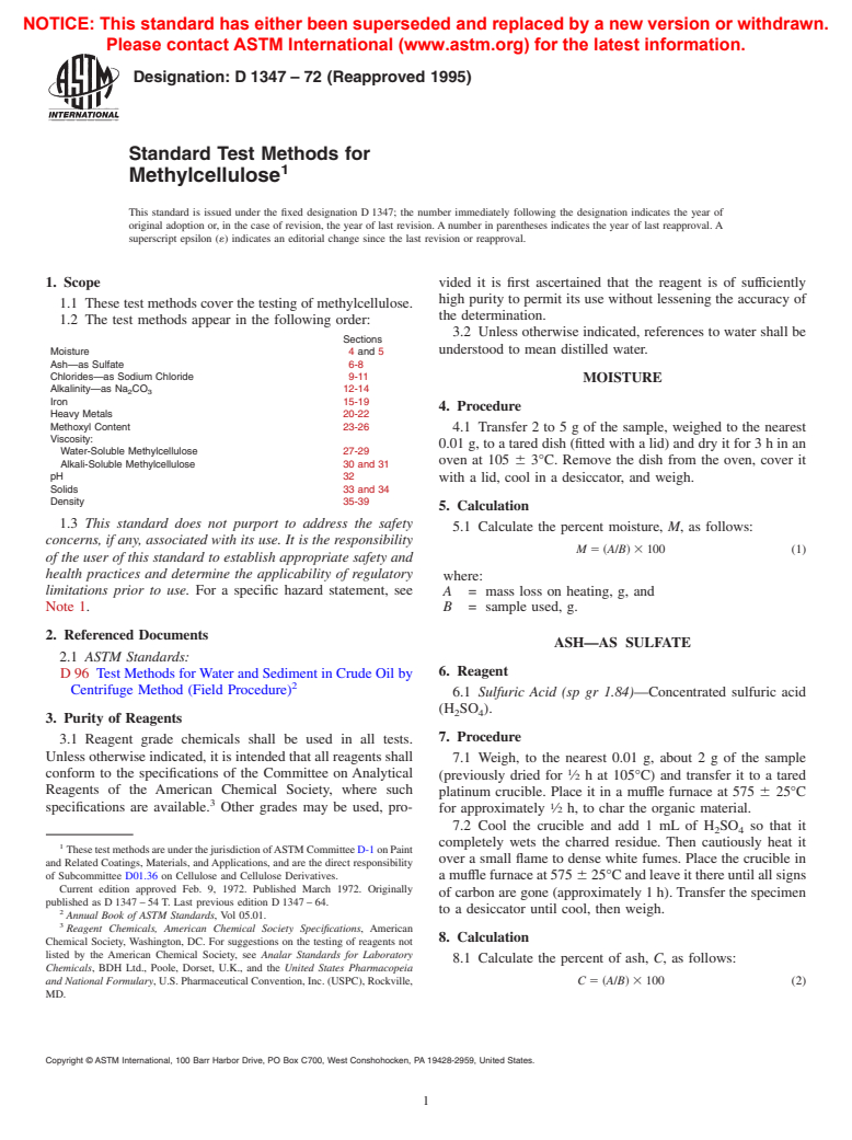 ASTM D1347-72(1995) - Standard Test Methods for Methylcellulose (Withdrawn 2003)