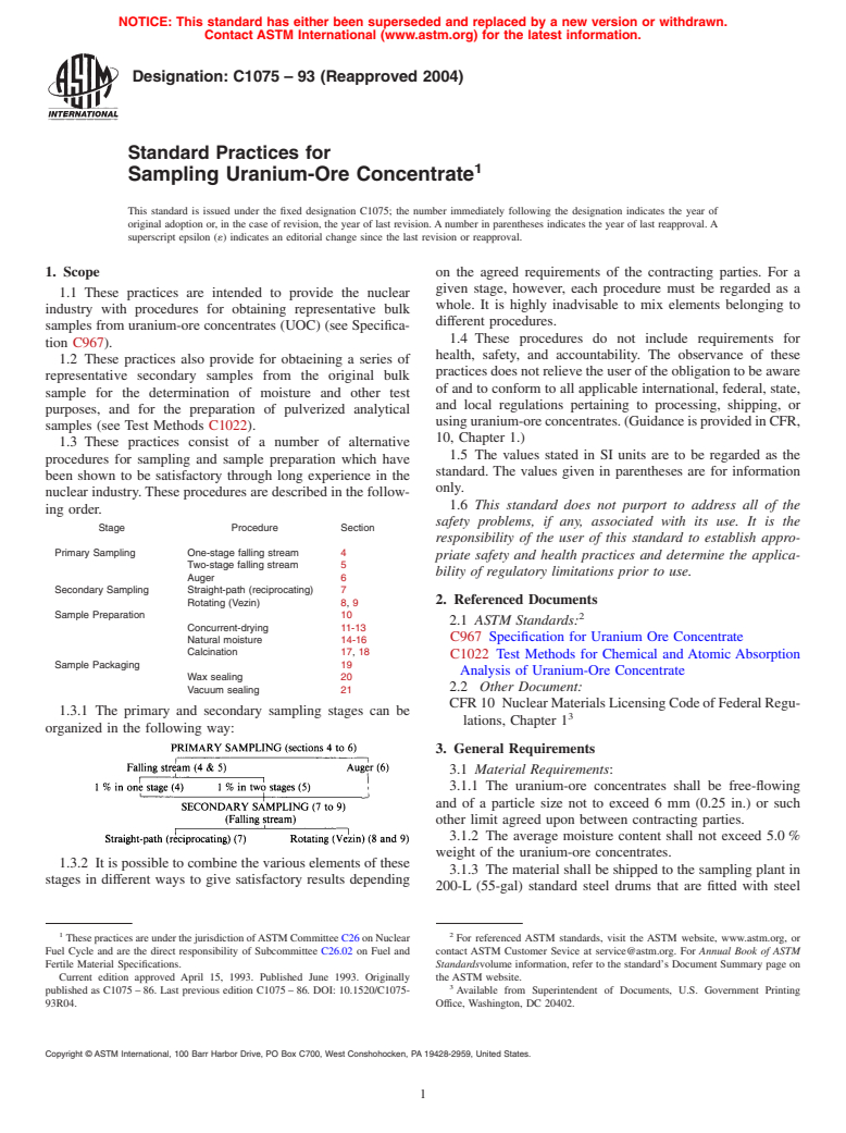 ASTM C1075-93(2004) - Standard Practices for Sampling Uranium-Ore Concentrate