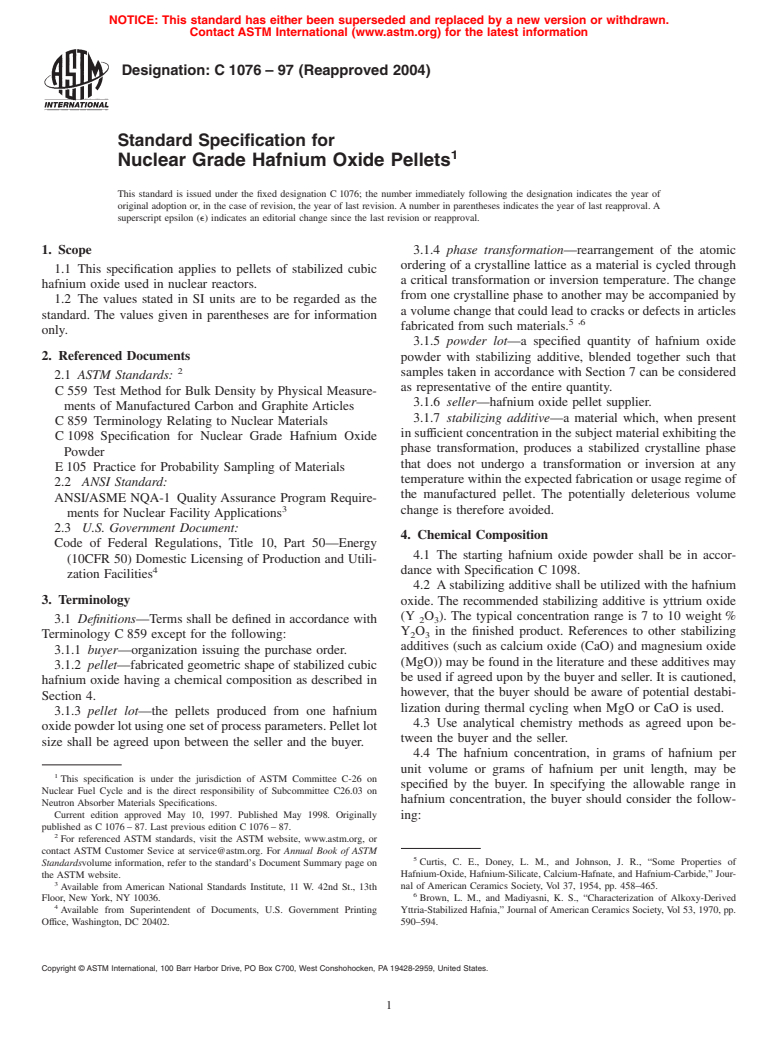 ASTM C1076-97(2004) - Standard Specification for Nuclear Grade Hafnium Oxide Pellets