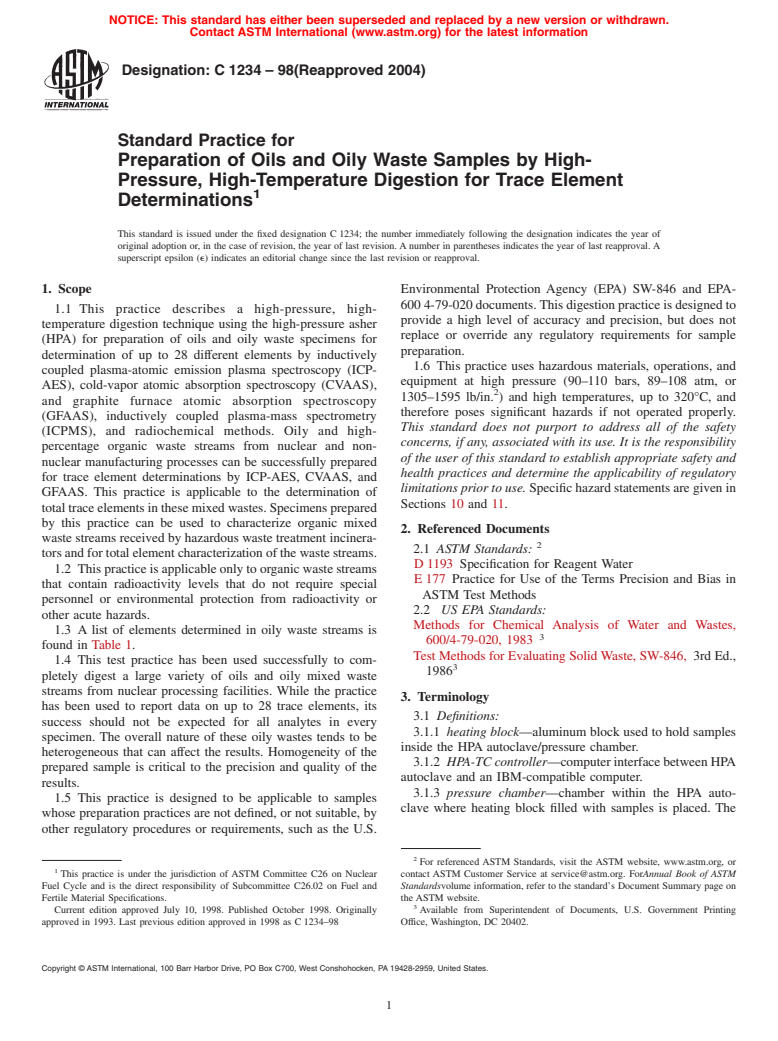 ASTM C1234-98(2004) - Standard Practice for Preparation of Oils and Oily Waste Samples by High-Pressure, High-Temperature Digestion for Trace Element Determinations (Withdrawn 2009)