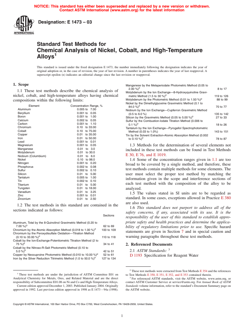 ASTM E1473-03 - Standard Test Methods for Chemical Analysis of Nickel, Cobalt, and High-Temperature Alloys