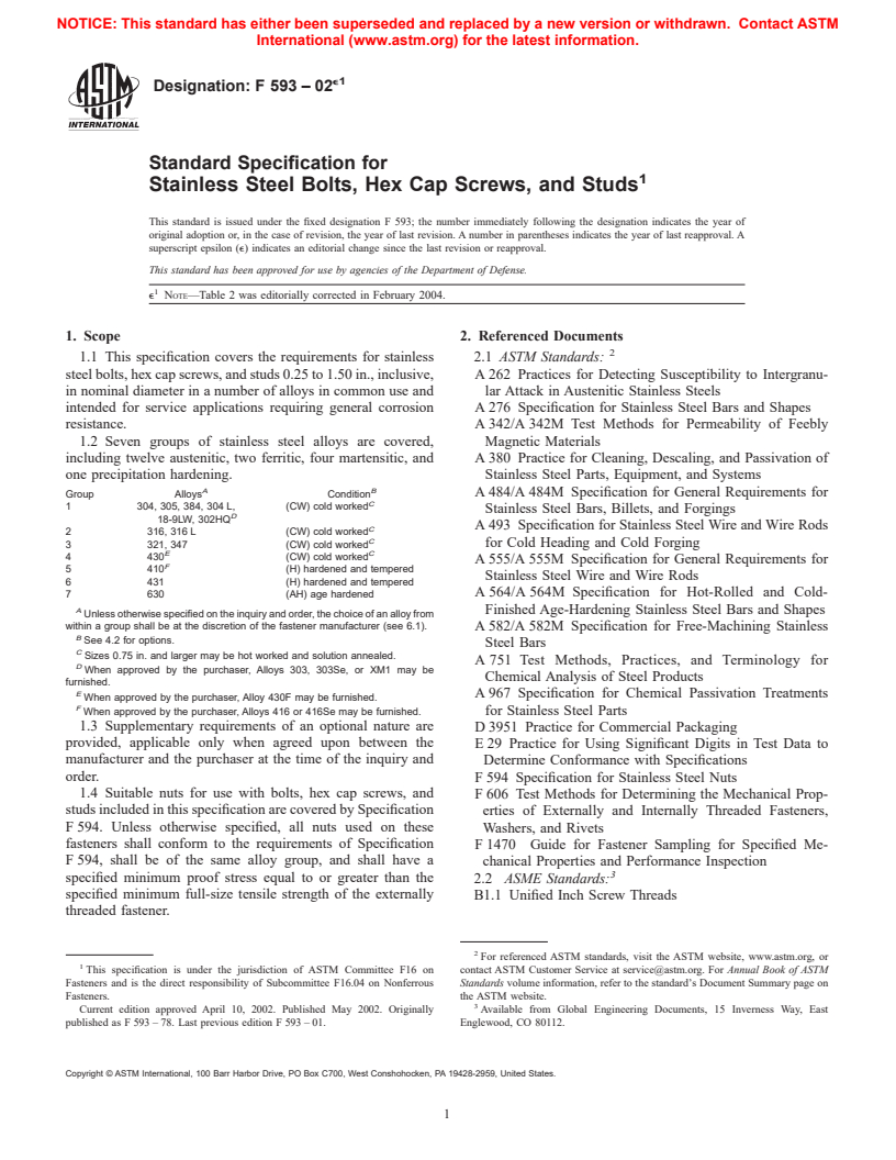 ASTM F593-02e1 - Standard Specification for Stainless Steel Bolts, Hex Cap Screws, and Studs