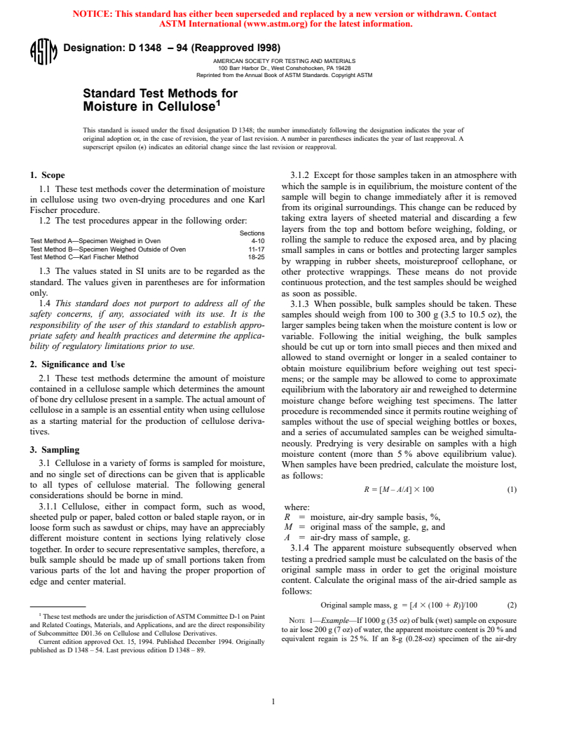 ASTM D1348-94(1998) - Standard Test Methods for Moisture in Cellulose