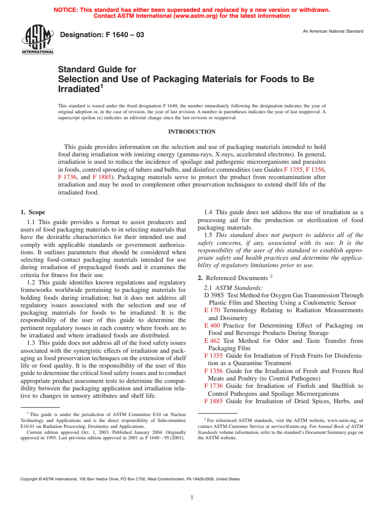 ASTM F1640-03 - Standard Guide for Packaging Materials for Foods to Be Irradiated