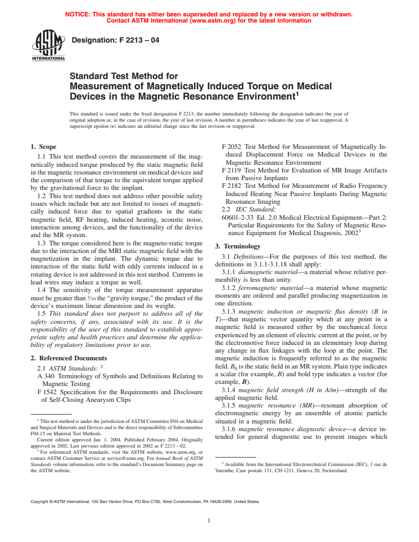 ASTM F2213-04 - Standard Test Method for Measurement of Magnetically Induced Torque on Passive Implants in the Magnetic Resonance Environment