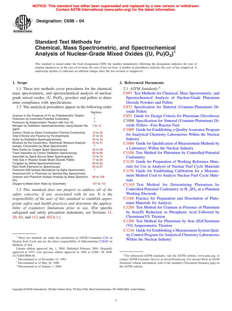 ASTM C698-04 - Standard Test Methods for Chemical, Mass Spectrometric, and Spectrochemical Analysis of Nuclear-Grade Mixed Oxides ((U, Pu)O<sub>2</sub>)