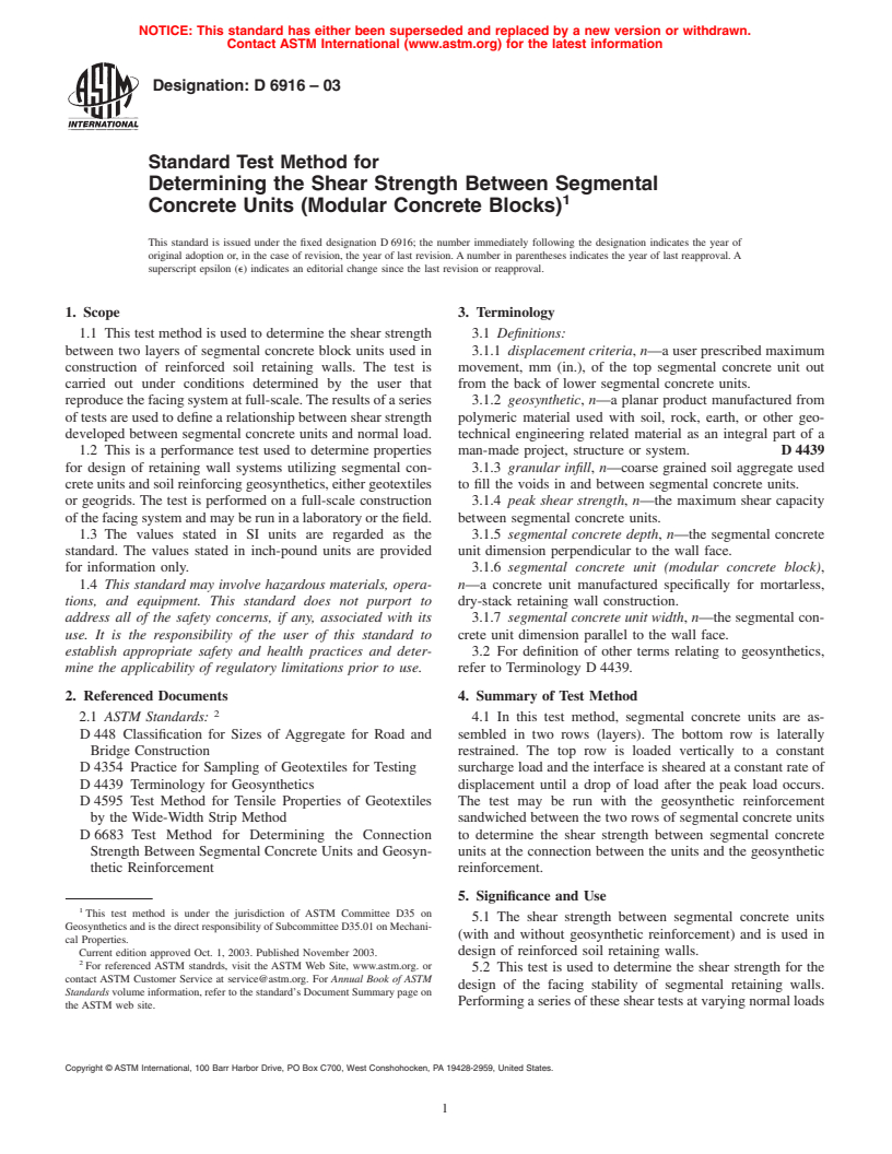 ASTM D6916-03 - Standard Test Method for Determining the Shear Strength Between Segmental Concrete Units (Modular Concrete Blocks)