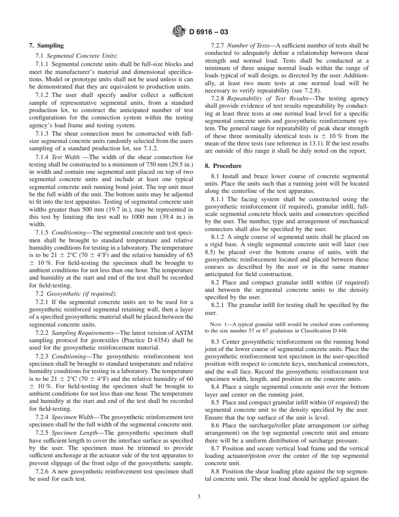 ASTM D6916-03 - Standard Test Method for Determining the Shear Strength Between Segmental Concrete Units (Modular Concrete Blocks)