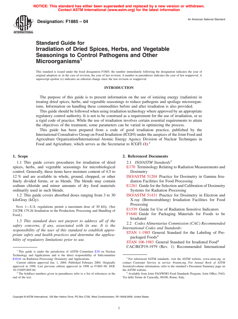 ASTM F1885-04 - Standard Guide for Irradiation of Dried Spices, Herbs, and Vegetable Seasonings to Control Pathogens and Other Microorganisms