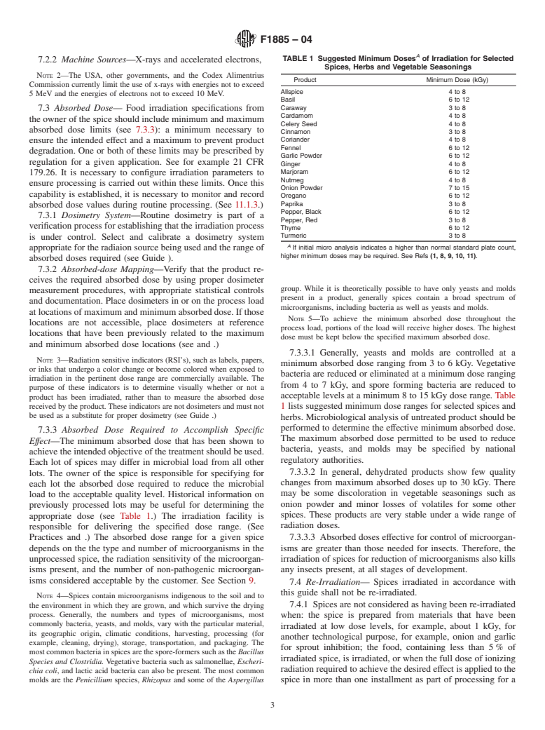 ASTM F1885-04 - Standard Guide for Irradiation of Dried Spices, Herbs, and Vegetable Seasonings to Control Pathogens and Other Microorganisms