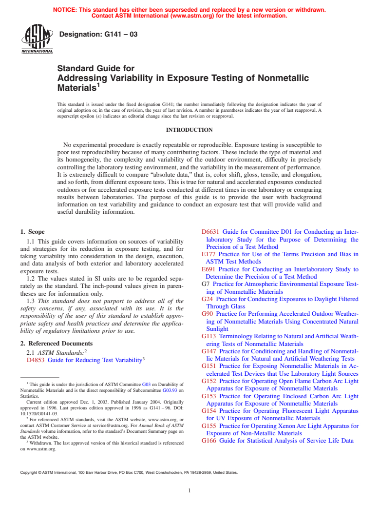 ASTM G141-03 - Standard Guide for Addressing Variability in Exposure Testing on Nonmetallic Materials