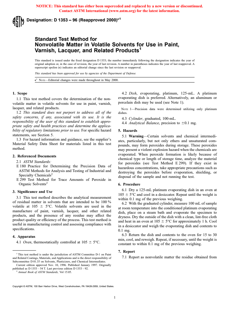 ASTM D1353-96(2000)e1 - Standard Test Method for Nonvolatile Matter in Volatile Solvents for Use in Paint, Varnish, Lacquer, and Related Products