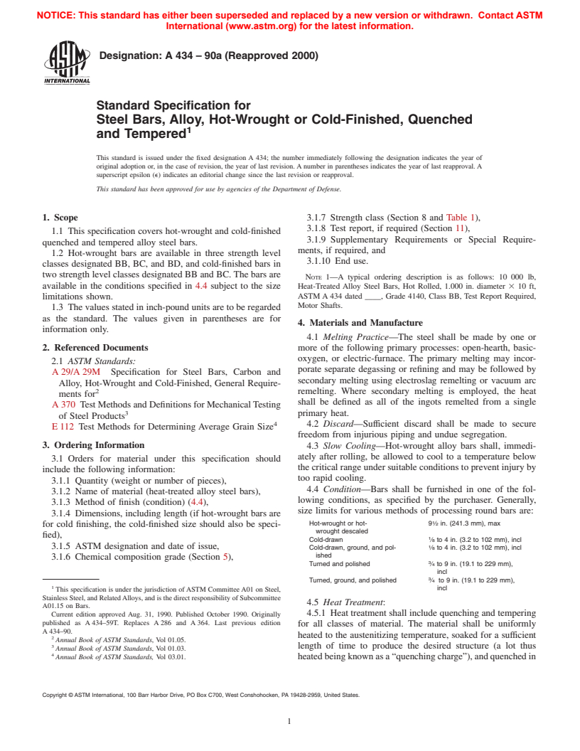 ASTM A434-90a(2000) - Standard Specification for Steel Bars, Alloy, Hot-Wrought or Cold-Finished, Quenched and Tempered