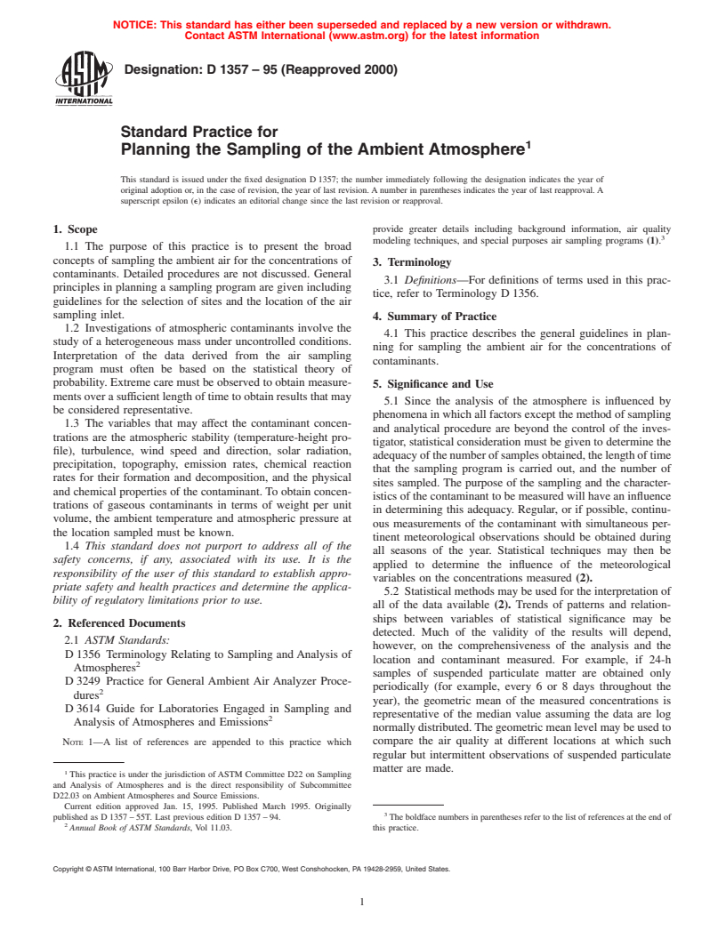 ASTM D1357-95(2000) - Standard Practice for Planning the Sampling of the Ambient Atmosphere