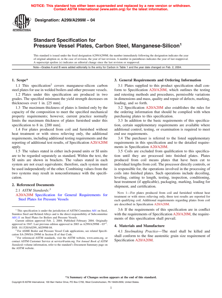 ASTM A299/A299M-04 - Standard Specification for Pressure Vessel Plates, Carbon Steel, Manganese-Silicon