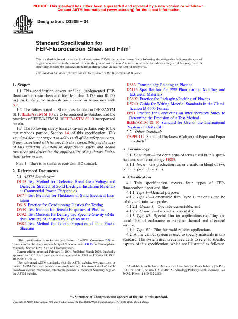 ASTM D3368-04 - Standard Specification for FEP-Fluorocarbon Resin Sheet and Film