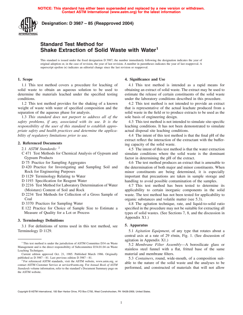 ASTM D3987-85(2004) - Standard Test Method for Shake Extraction of Solid Waste with Water