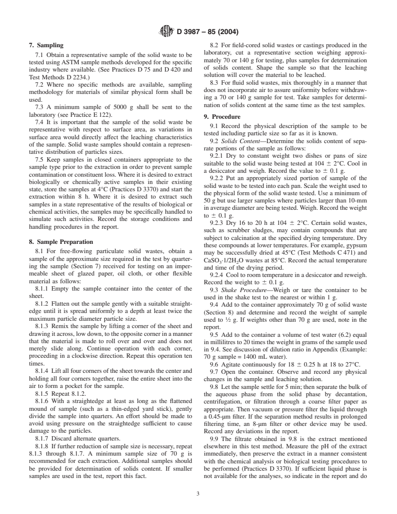 ASTM D3987-85(2004) - Standard Test Method for Shake Extraction of Solid Waste with Water