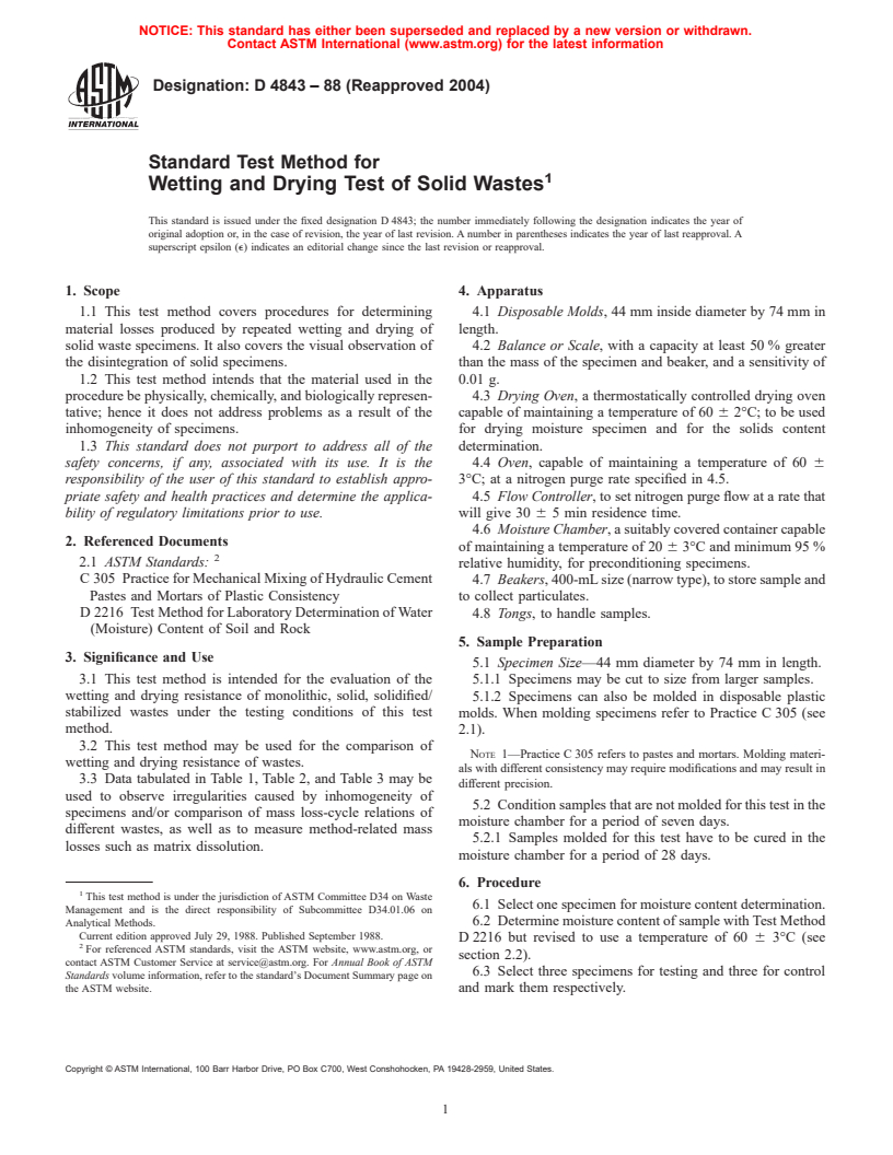 ASTM D4843-88(2004) - Standard Test Method for Wetting and Drying Test of Solid Wastes