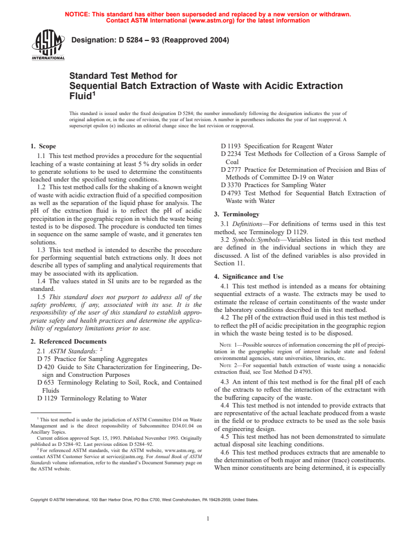 ASTM D5284-93(2004) - Standard Test Method for Sequential Batch Extraction of Waste with Acidic Extraction Fluid