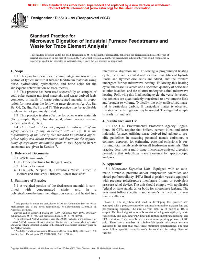 ASTM D5513-99(2004) - Standard Practice for Microwave Digestion of Industrial Furnace Feedstreams and Waste for Trace Element Analysis