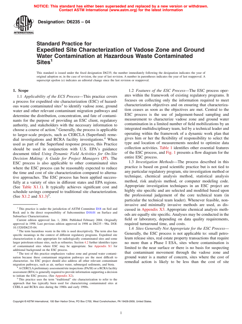 ASTM D6235-04 - Standard Practice for Expedited Site Characterization of Vadose Zone and Ground Water Contamination at Hazardous Waste Contaminated Sites