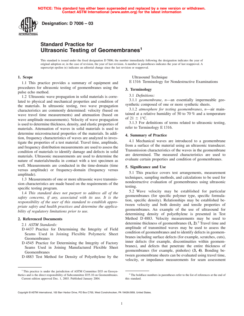 ASTM D7006-03 - Standard Practice for Ultrasonic Testing of Geomembranes