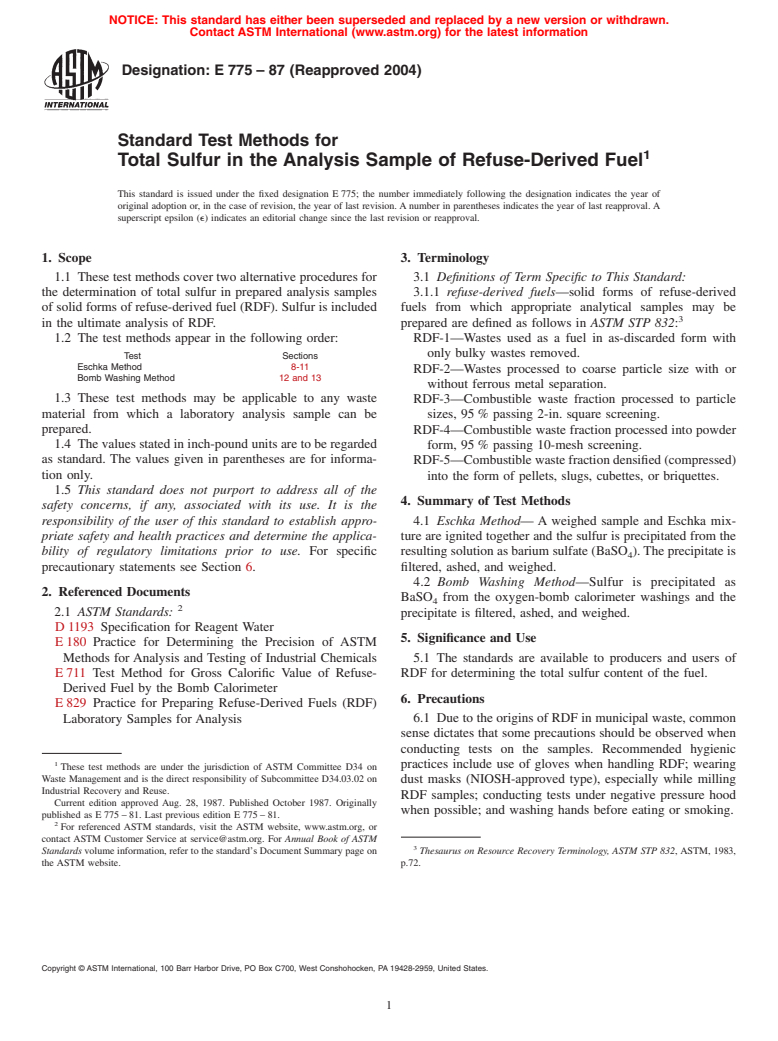 ASTM E775-87(2004) - Standard Test Methods for Total Sulfur in the Analysis Sample of Refuse-Derived Fuel