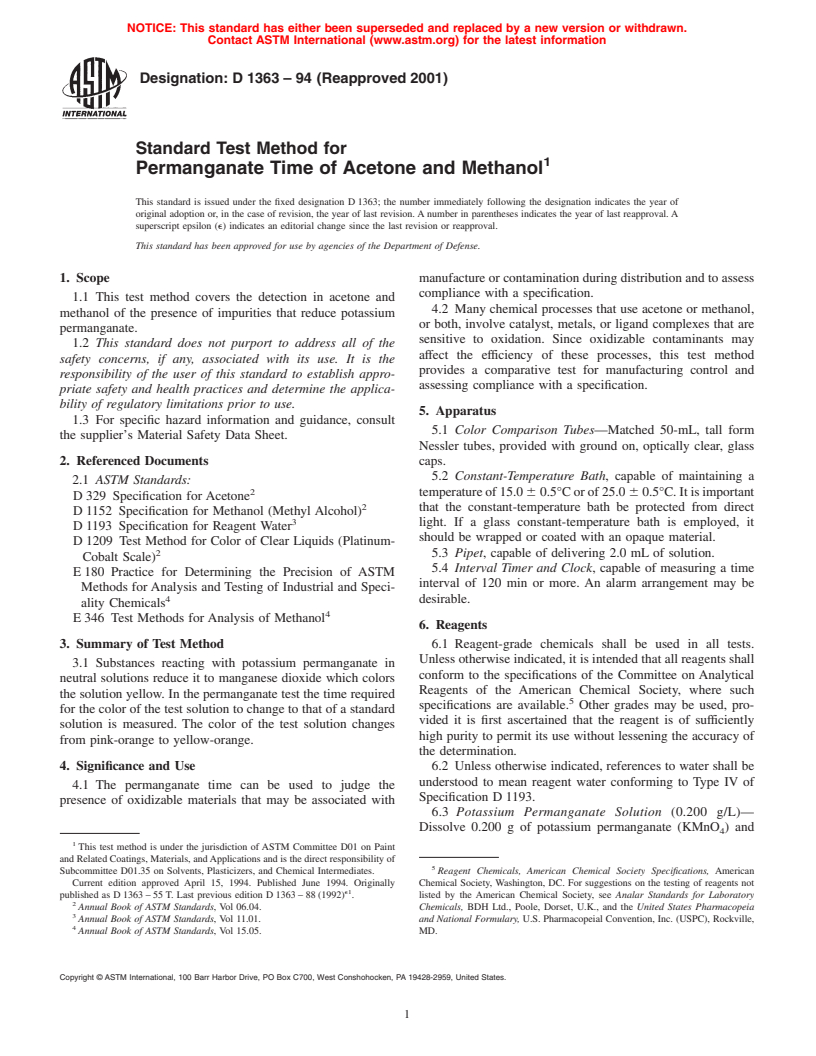 ASTM D1363-94(2001) - Standard Test Method for Permanganate Time of Acetone and Methanol