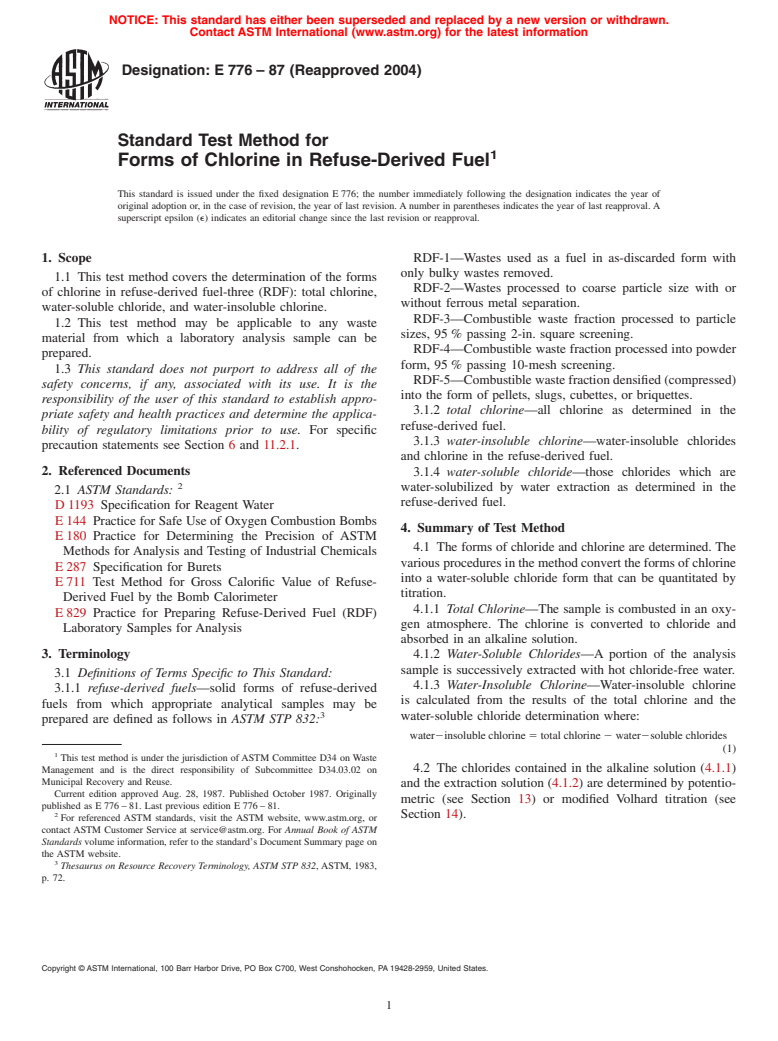 ASTM E776-87(2004) - Standard Test Method for Forms of Chlorine in Refuse-Derived Fuel