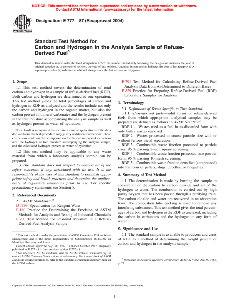 ASTM E777-87(2004) - Standard Test Method for Carbon and Hydrogen in the Analysis Sample of Refuse-Derived Fuel