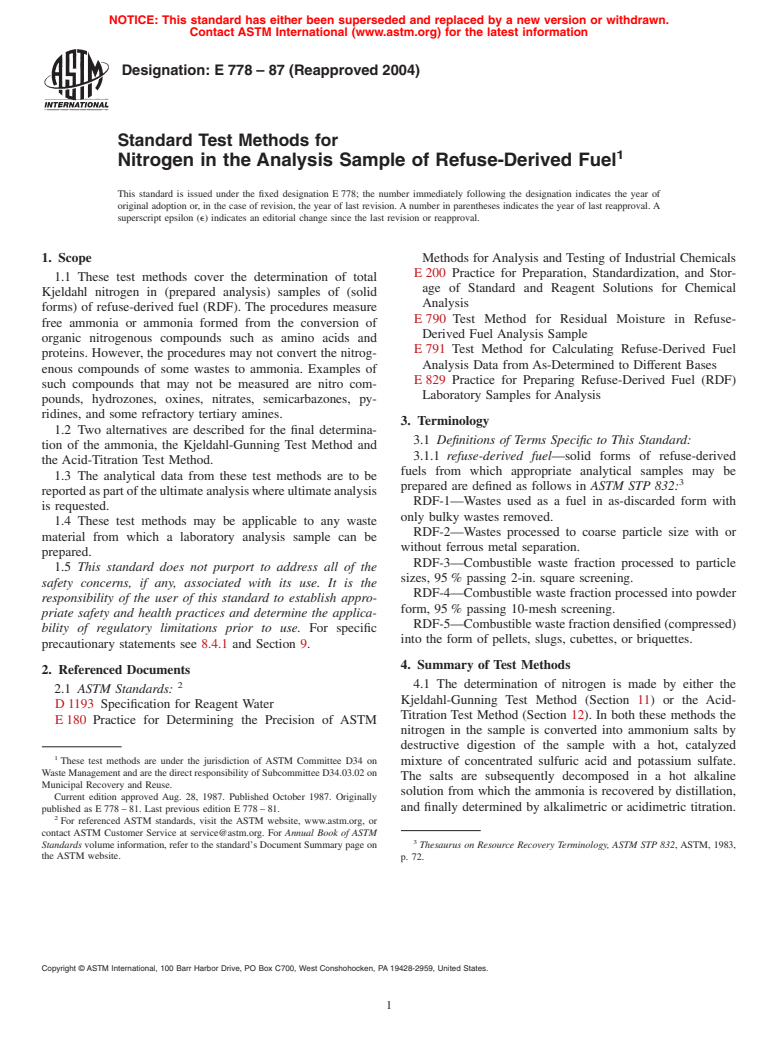 ASTM E778-87(2004) - Standard Test Methods for Nitrogen in the Analysis Sample of Refuse-Derived Fuel