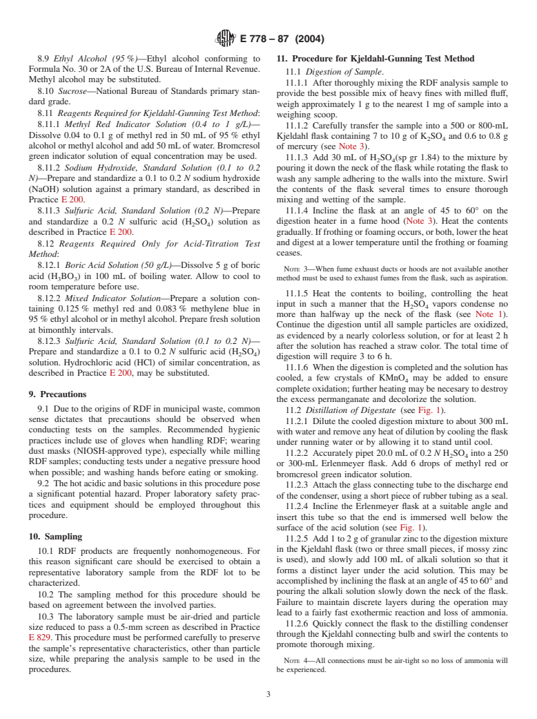 ASTM E778-87(2004) - Standard Test Methods for Nitrogen in the Analysis Sample of Refuse-Derived Fuel