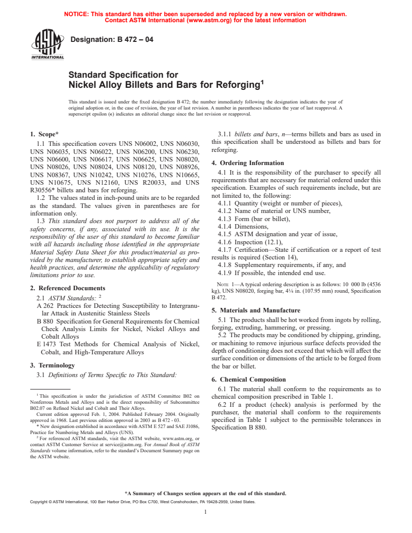 ASTM B472-04 - Standard Specification for Nickel Alloy Billets and Bars for Reforging