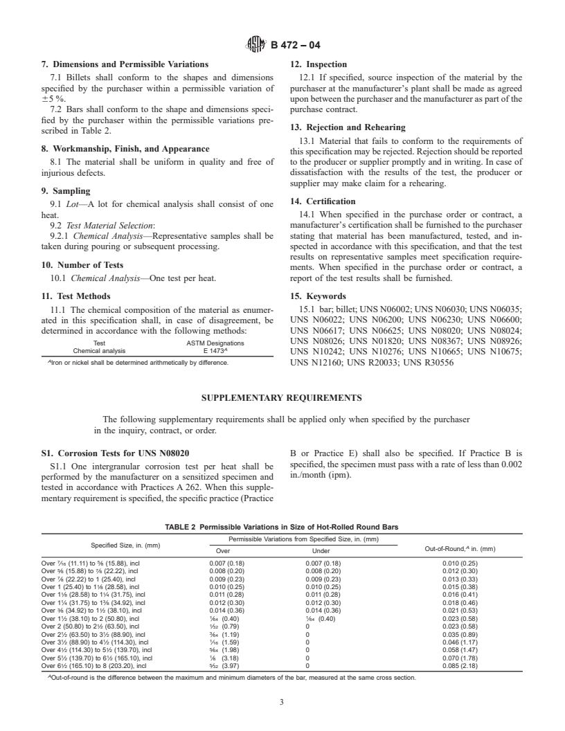 ASTM B472-04 - Standard Specification for Nickel Alloy Billets and Bars for Reforging