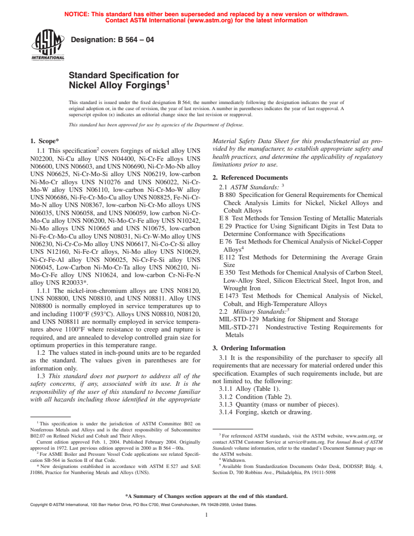 ASTM B564-04 - Standard Specification for Nickel Alloy Forgings