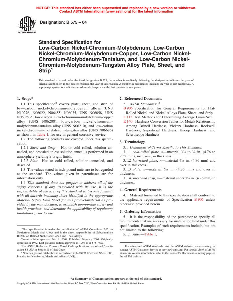 ASTM B575-04 - Specification for Low-Carbon Nickel-Chromium-Molybdenum, Low-Carbon Nickel-Chromium-Molybdenum-Copper, Low-Carbon Nickel-Chromium-Molybdenum-Tantalum,  and Low-Carbon Nickel-Chromium-Molybdenum-Tungsten Alloy Plate, Sheet, and  Strip