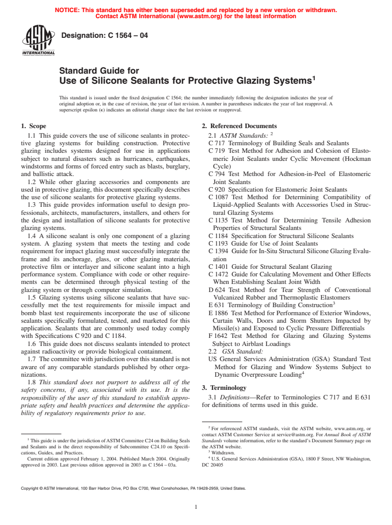 ASTM C1564-04 - Standard Guide for Use of Silicone Sealants for Protective Glazing Systems