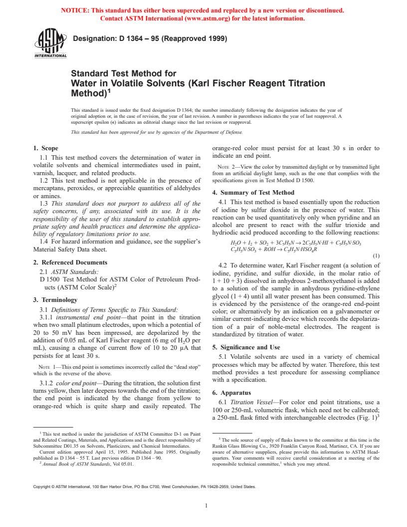 ASTM D1364-95(1999) - Standard Test Method for Water in Volatile Solvents (Karl Fischer Reagent Titration Method)
