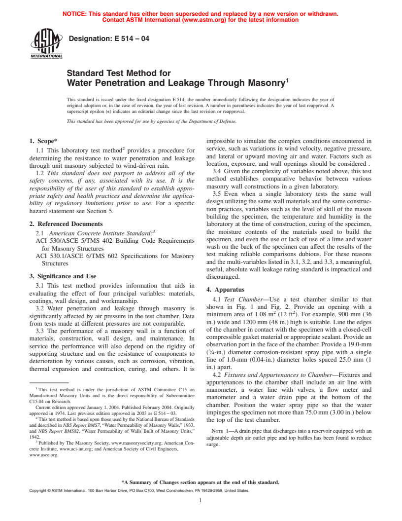 ASTM E514-04 - Standard Test Method for Water Penetration and Leakage Through Masonry