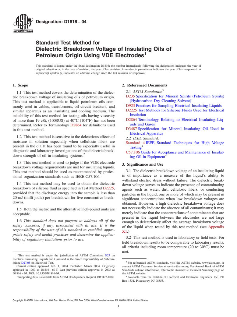 ASTM D1816-04 - Standard Test Method for Dielectric Breakdown Voltage of Insulating Oils of Petroleum Origin Using VDE Electrodes