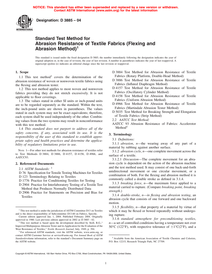 ASTM D3885-04 - Standard Test Method for Abrasion Resistance of Textile Fabrics (Flexing and Abrasion Method)