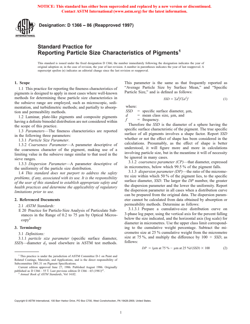 ASTM D1366-86(1997) - Standard Practice for Reporting Particle Size Characteristics of Pigments