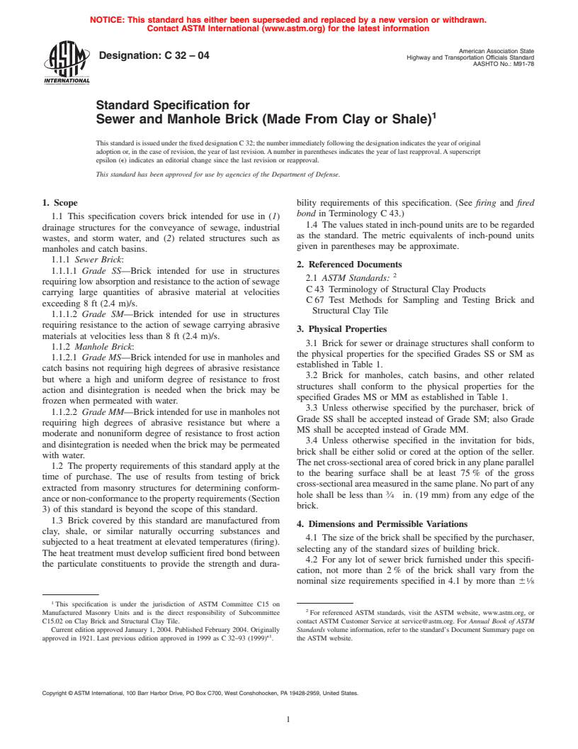 ASTM C32-04 - Standard Specification for Sewer and Manhole Brick (Made From Clay or Shale)