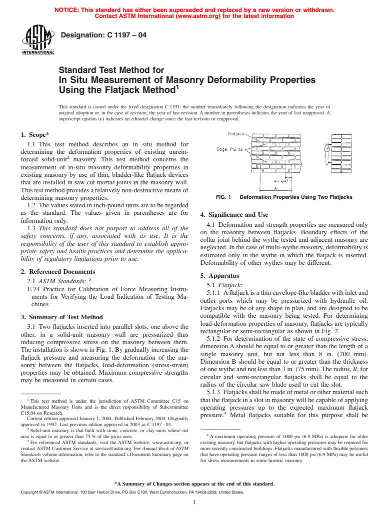 ASTM C1197-04 - Standard Test Method for In Situ Measurement of Masonry Deformability Properties Using the Flatjack Method